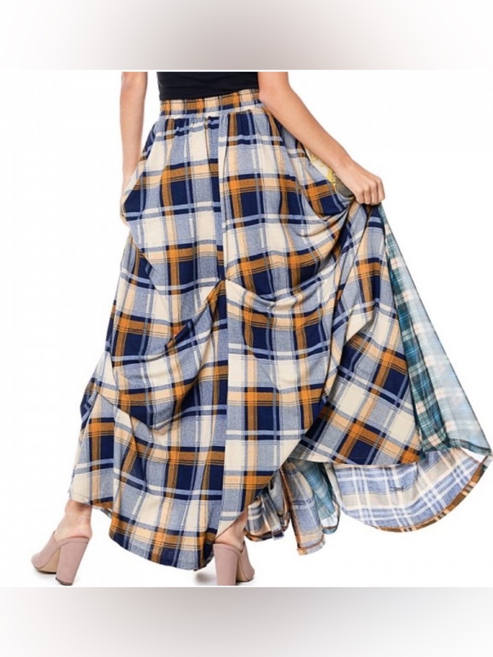 TOV Noir The Damsel's Yellow Plaid Flowing Maxi Skirt Pockets!! Sz EU42 US10 - Picture 13 of 16